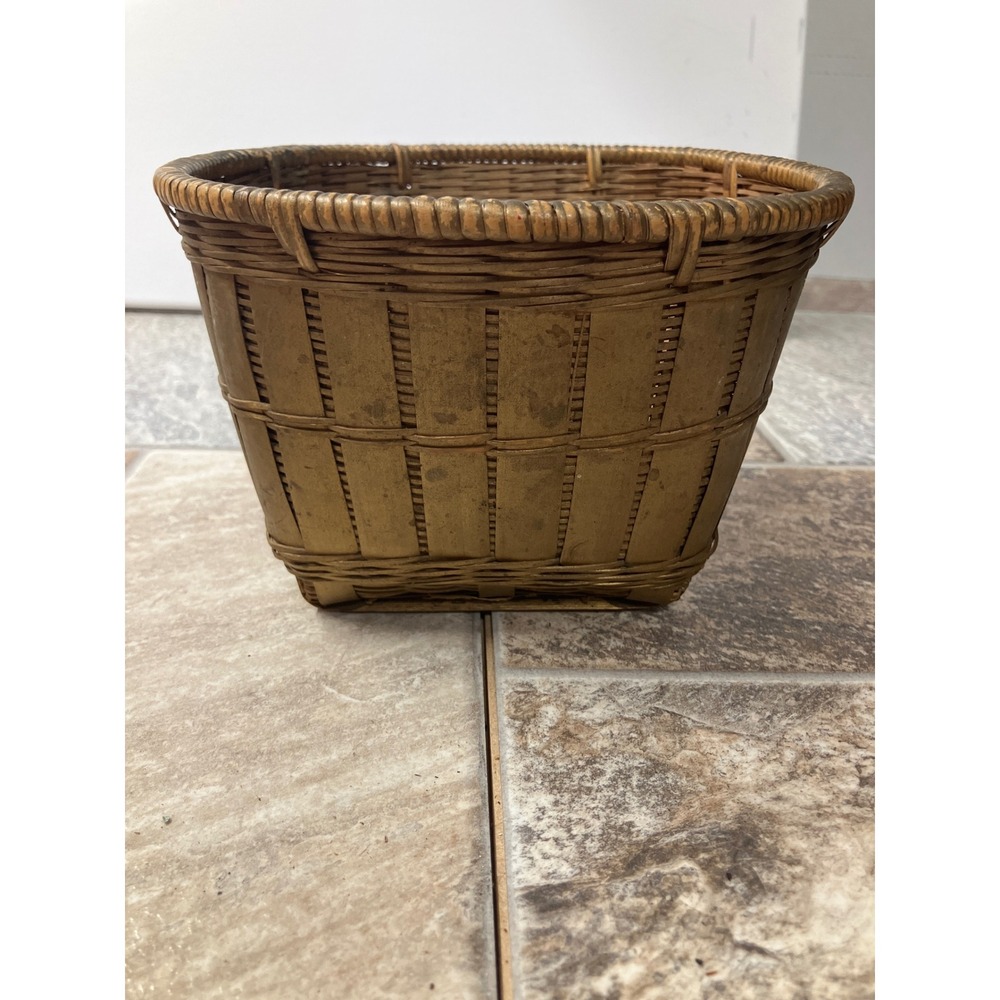 Vintage Gold Woven Bamboo Basket Square Base Round Rim Boho Storage 7.5 Inch